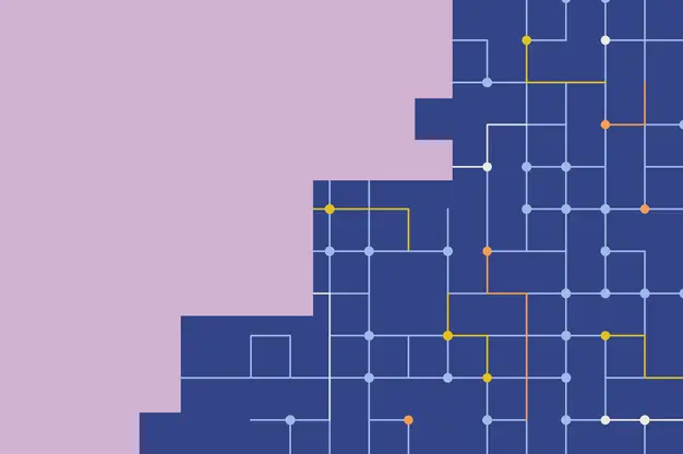 Abstract illustration with a pink block merging into a blue grid of connected dots and lines in yellow, orange, and light blue.